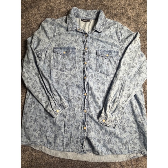 Janina Tops - Janina Women Blue Floral Denim Cotton Button Down Shirt Long Sleeve Size 42